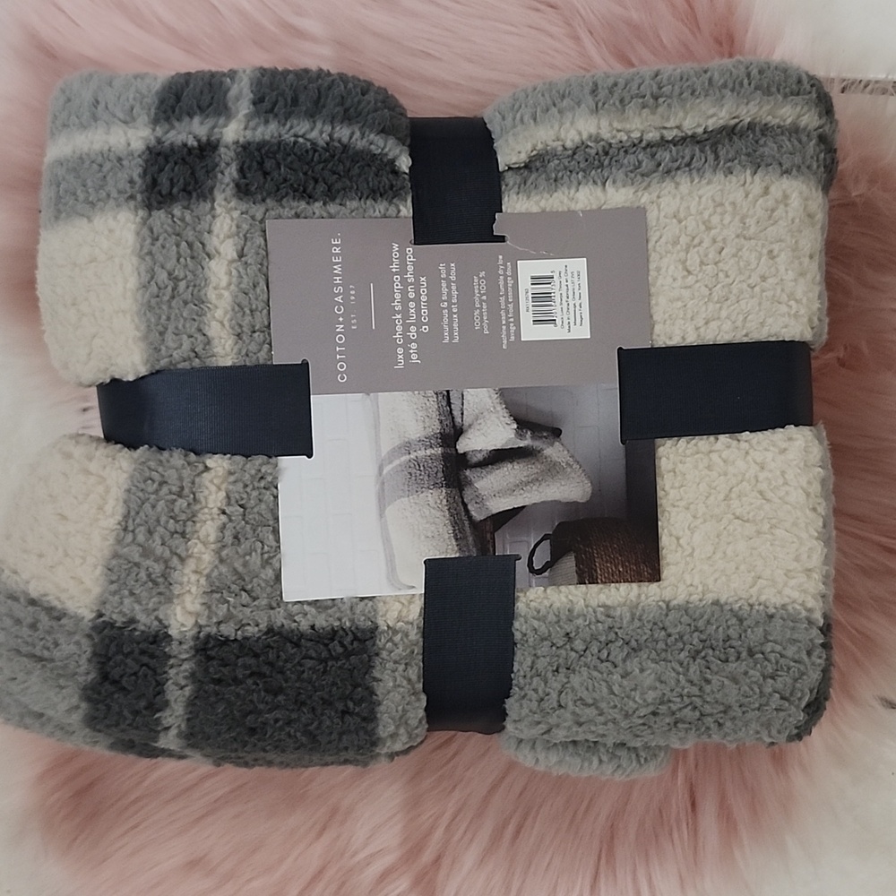Brand New COTTON + CASHMERE LUXE CHECK SHERPA THROW